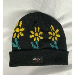 NOAH NYC Beanie Hat Canada Made Floral Daisy Merino Wool Black Streetwear RARE!